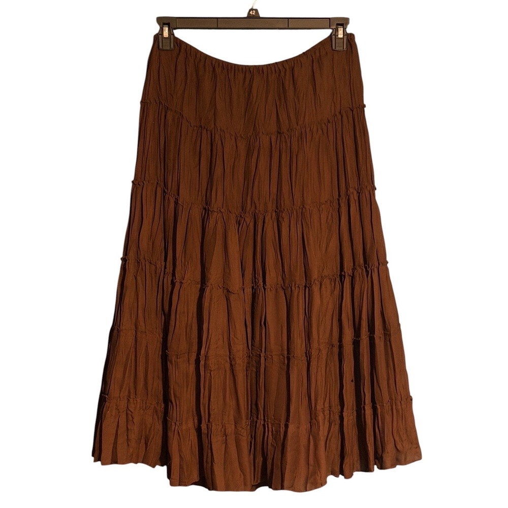 S.L.B. Womens L Brown Broomstick Maxi Skirt Tiered Boho Peasant Prairie Flowy